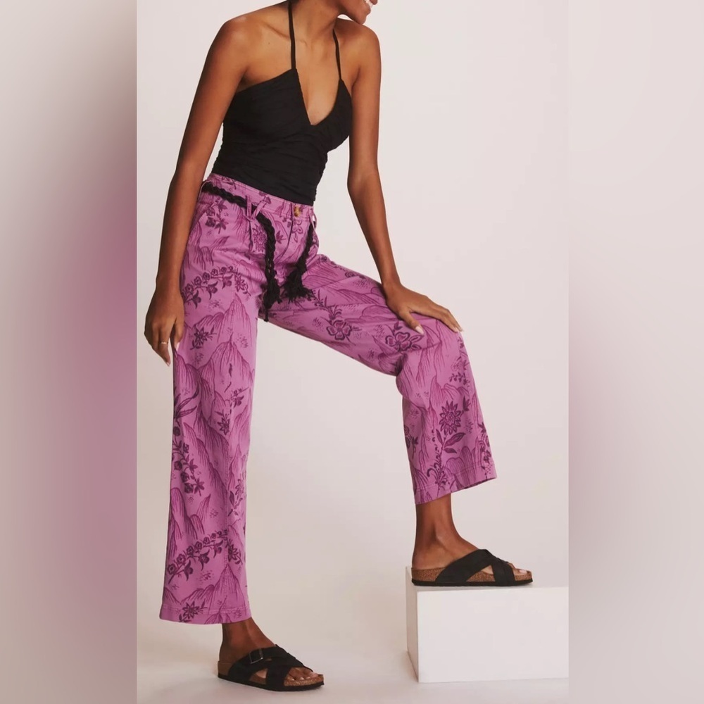 Anthropologie Pleated Column Purple Floral Pants Size 0